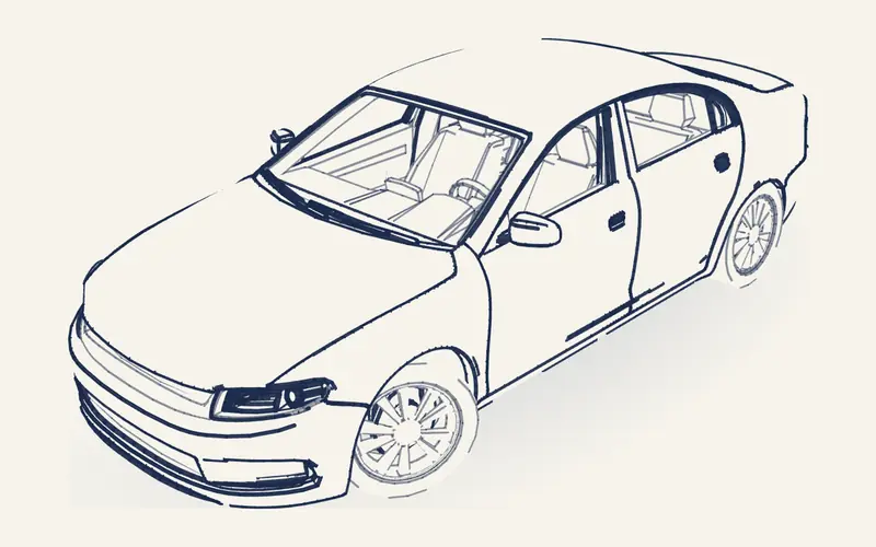 Blueprint line drawing of a generic four-door sedan, seen from the front left