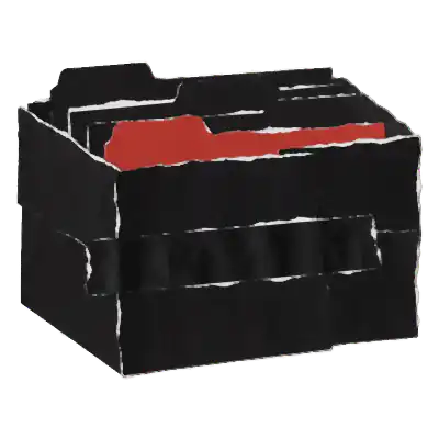 Paper-collage illustration: cardboard medical records file box with folders