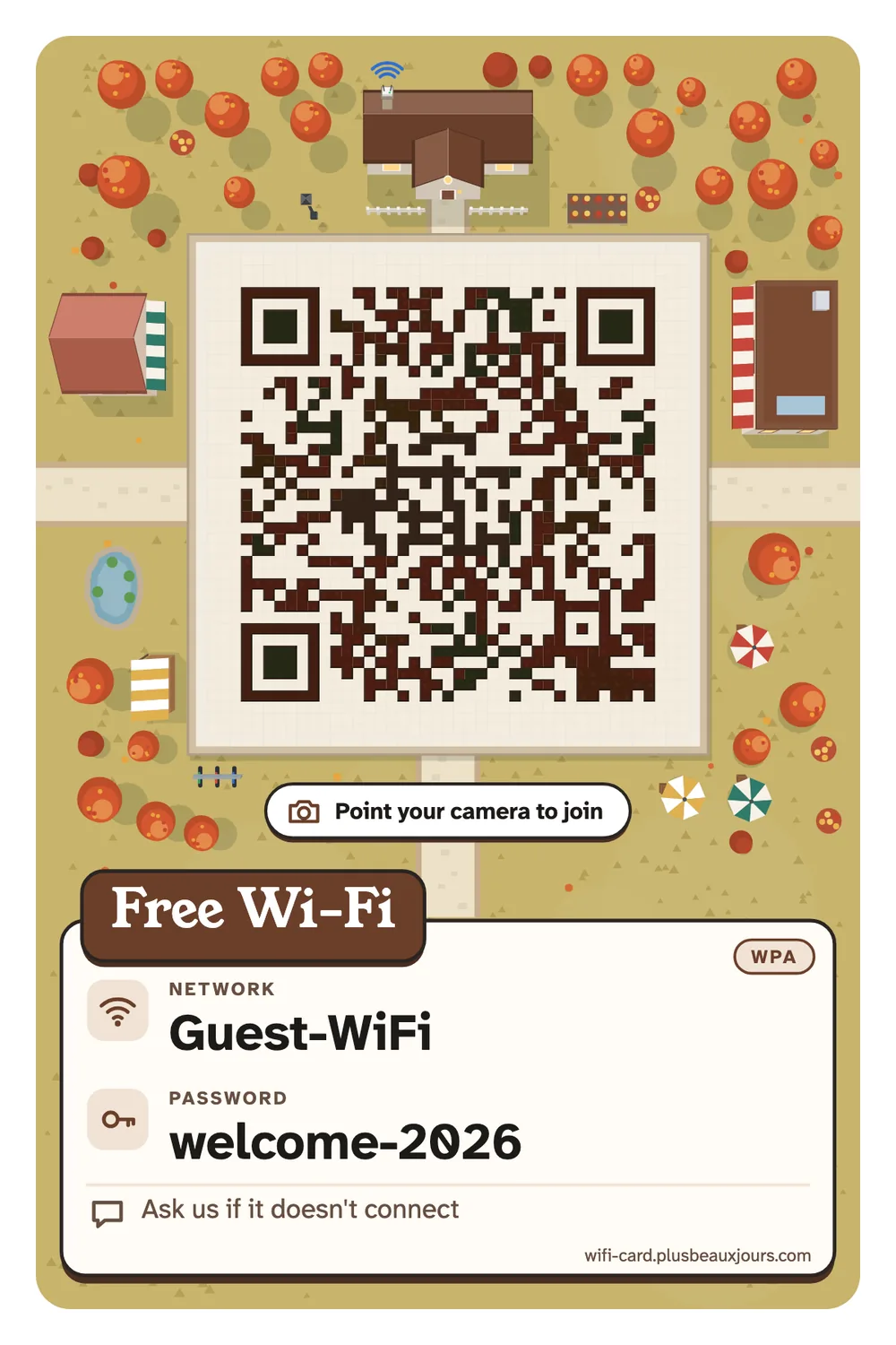 Printable café free Wi-Fi sign with QR code, kraft paper with a line-drawn coffee cup and an espresso-brown serif title, table tent