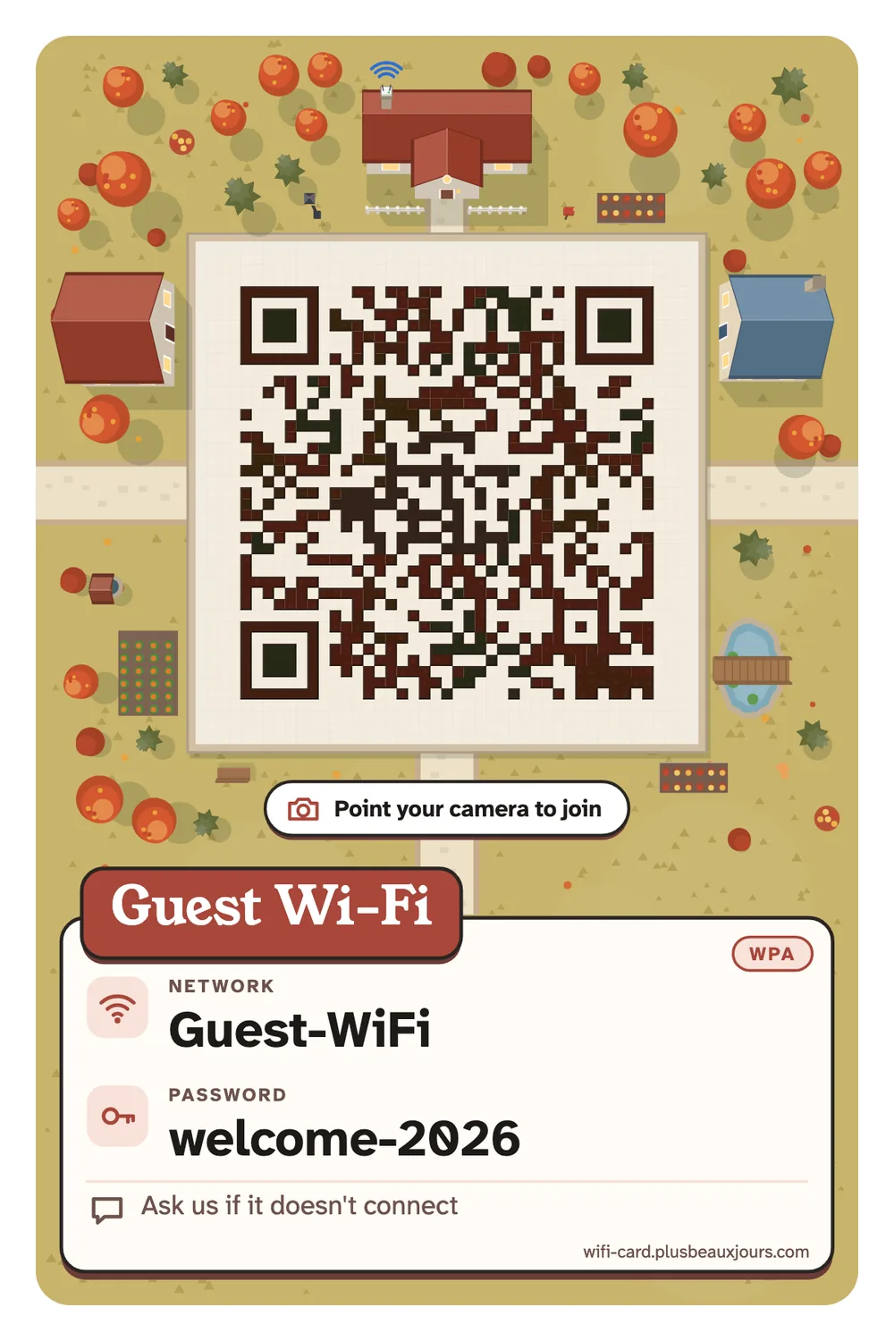 Printable home guest Wi-Fi sign with QR code, blush paper with a line-drawn cottage and a rosewood serif title, 4×6