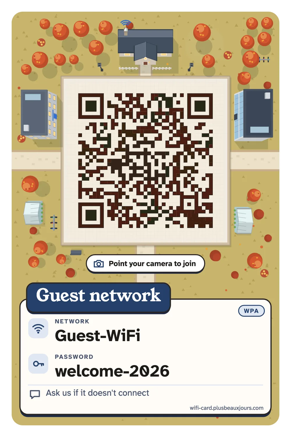 Printable office guest Wi-Fi sign with QR code, white paper with a navy rule and flush-left navy serif title, table tent