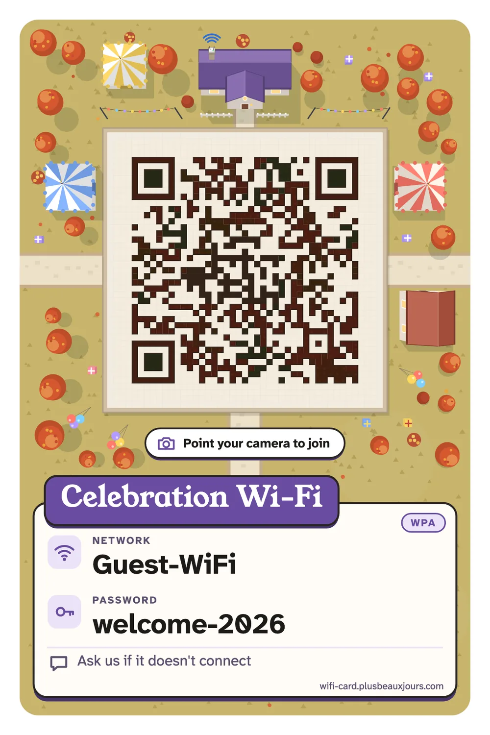Printable wedding and party Wi-Fi sign with QR code, champagne paper with a double gold hairline frame and a serif title, table tent