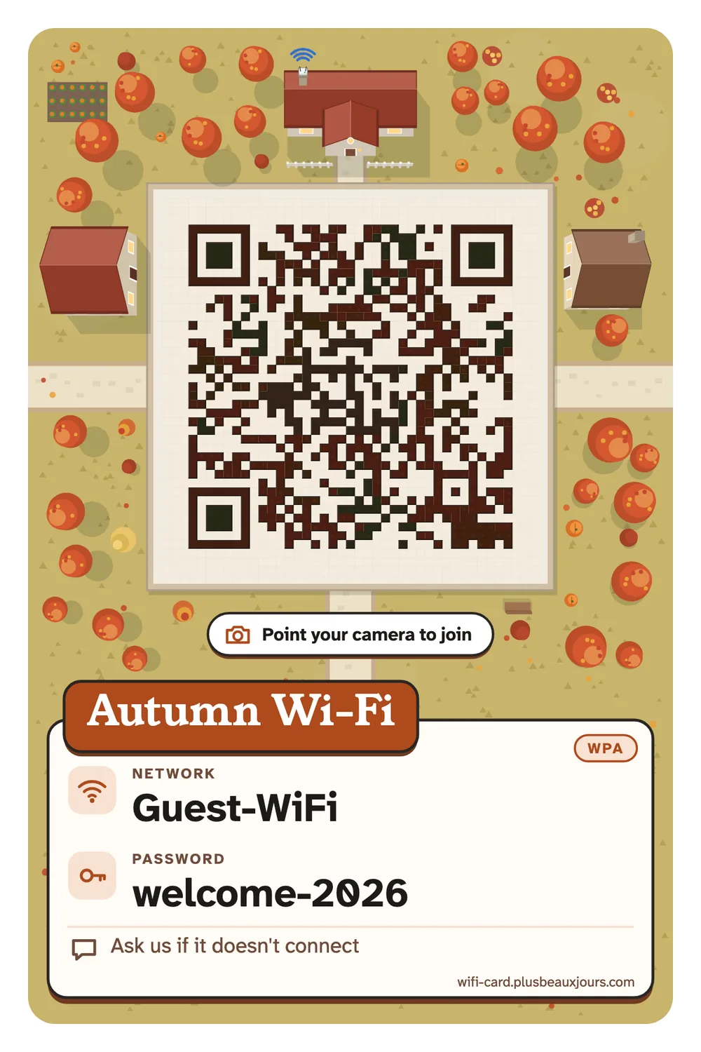 Printable autumn Wi-Fi sign with QR code, apricot paper with a line-drawn maple leaf and a maple-red serif title, 4×6