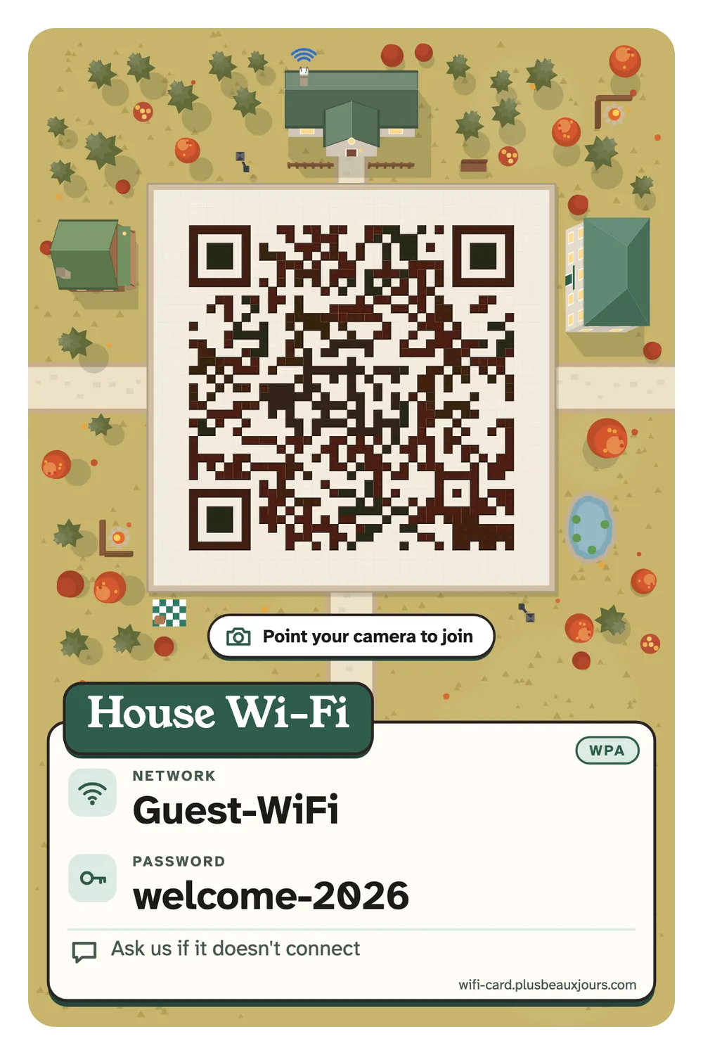 Printable Airbnb Wi-Fi card with QR code, pale sage paper with a line-drawn key, deep green serif title and a boxed checkout note, A6